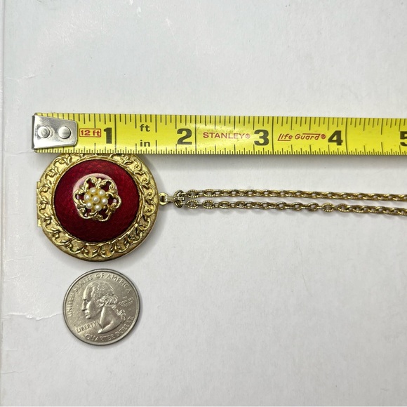 Vintage Guilloche Locket Necklace Gold Tone Red Enamel and Pearl Detail - Picture 8 of 15